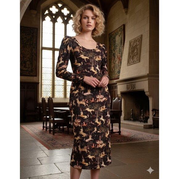 NWT Samantha Pleet Regal Midi in Midnight Tapestry Print Jersey Dress L - Picture 2 of 13